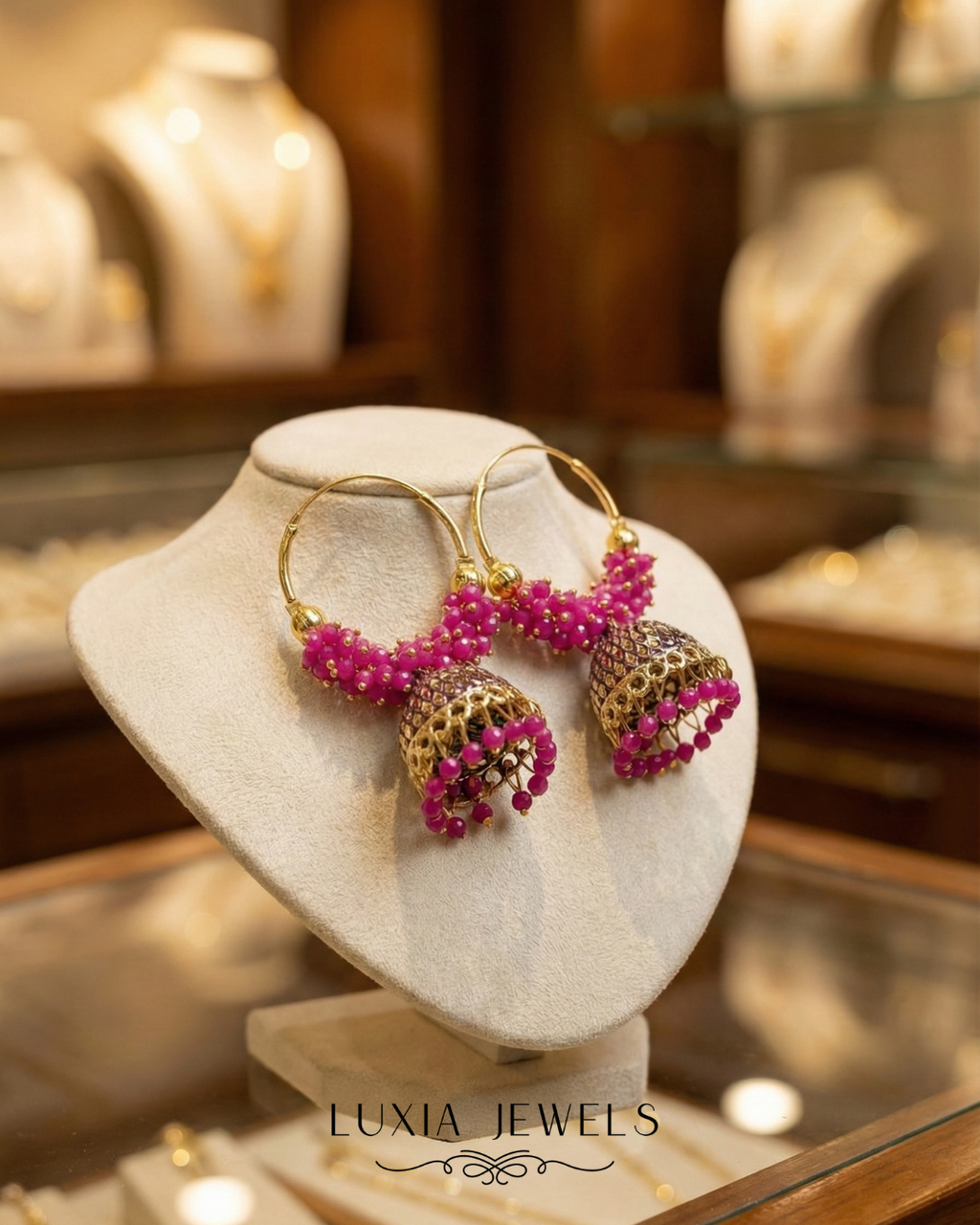 Fuchsia Radiance Pink Beaded Gold-Tone Hoop Jhumkas