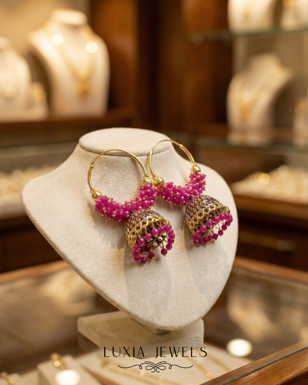 Fuchsia Radiance Pink Beaded Gold-Tone Hoop Jhumkas