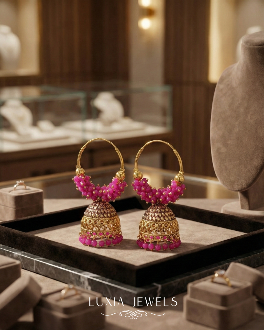 Fuchsia Radiance Pink Beaded Gold-Tone Hoop Jhumkas