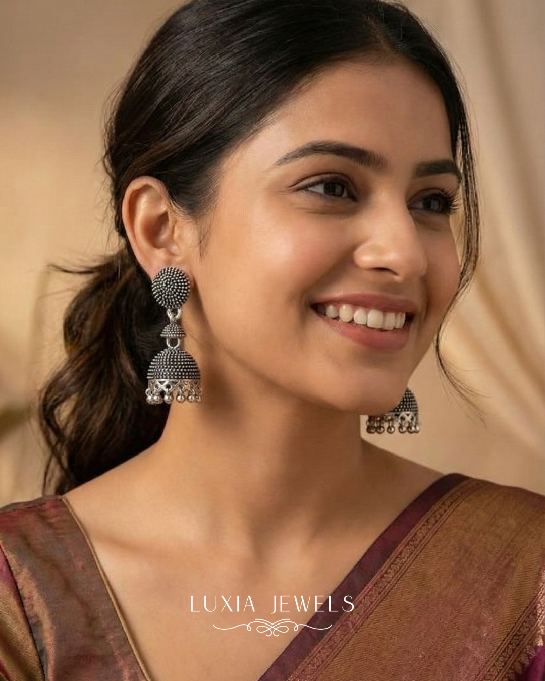 Oxidized Silver-Tone Beaded Jhumkas