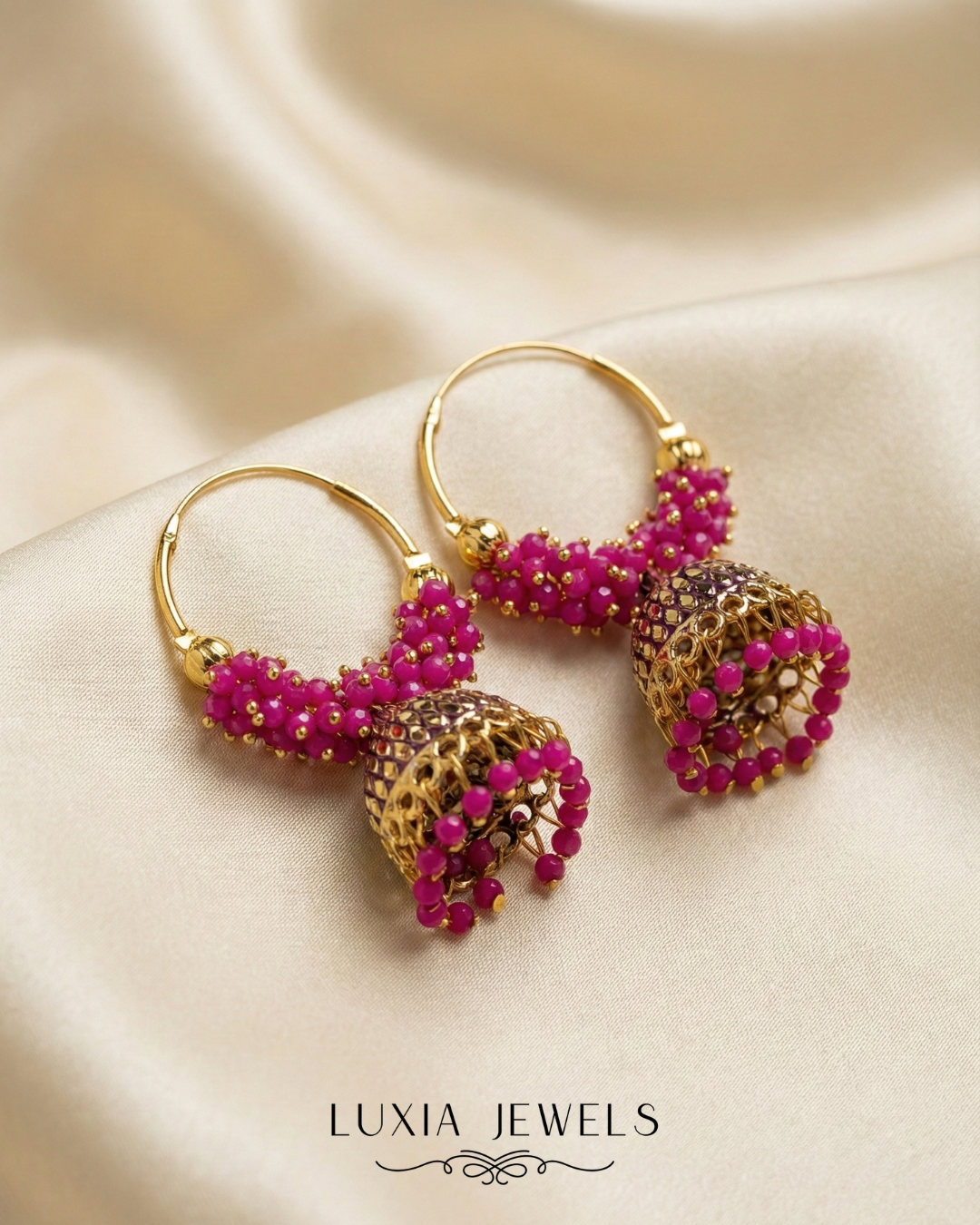 Fuchsia Radiance Pink Beaded Gold-Tone Hoop Jhumkas